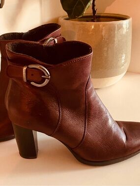 Women's Brown Burgundy Leather Ankle Boots with Buckle Accent